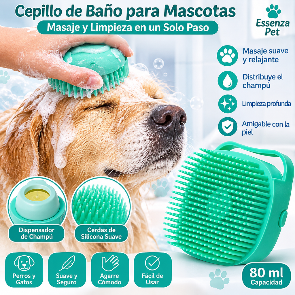 Essenza Pet — Cepillo de Silicona para Baño de Mascotas con Dispensador de Champú | 80 ml