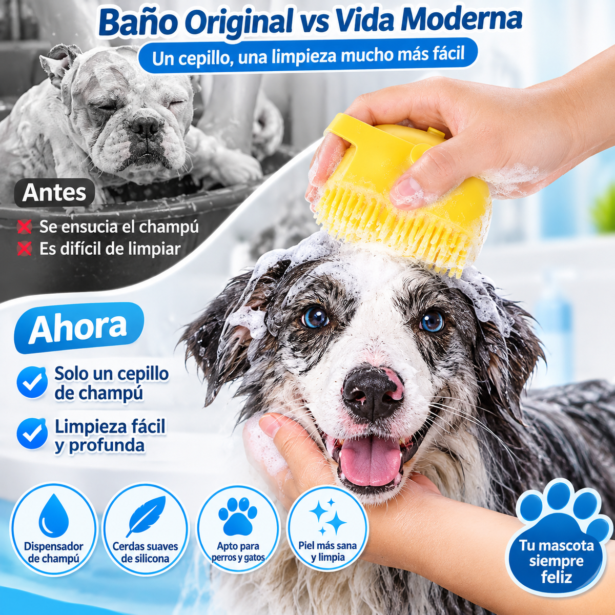 Essenza Pet — Cepillo de Silicona para Baño de Mascotas con Dispensador de Champú | 80 ml