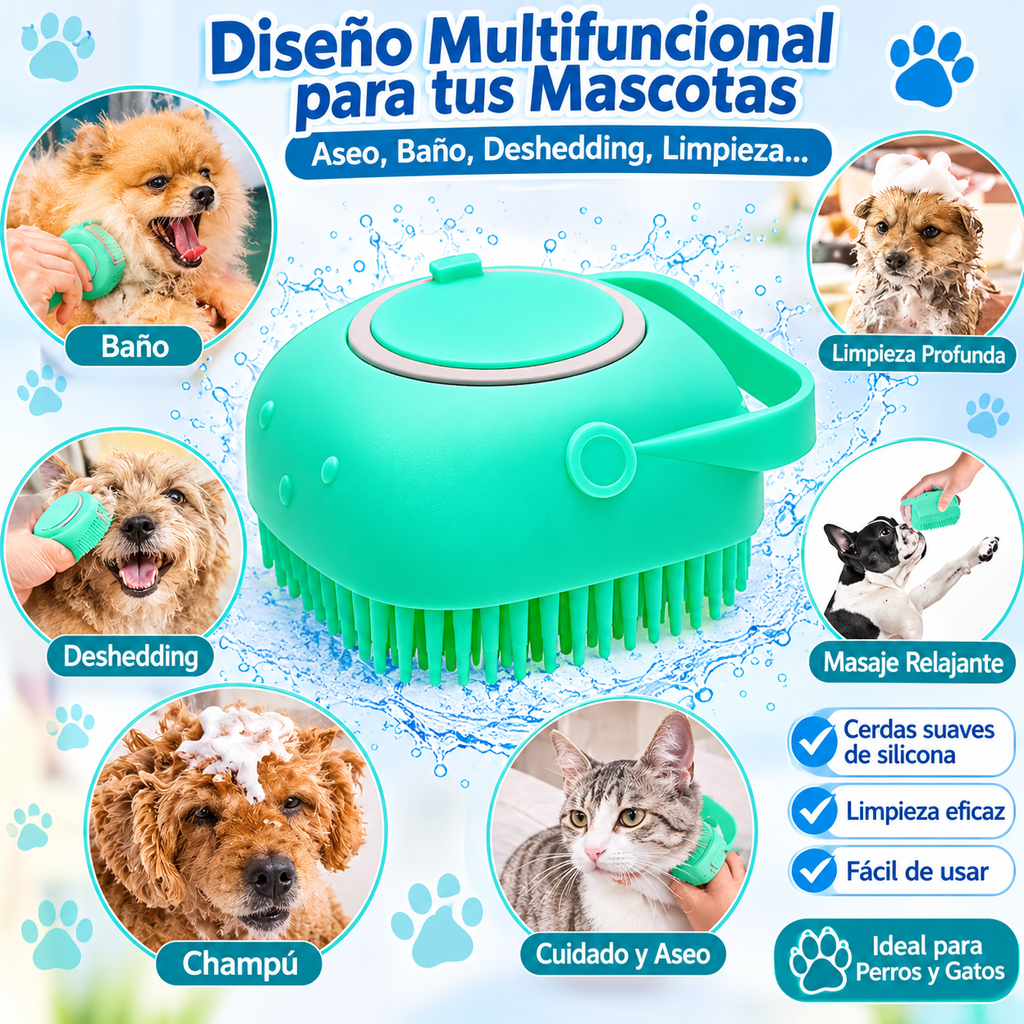 Essenza Pet — Cepillo de Silicona para Baño de Mascotas con Dispensador de Champú | 80 ml
