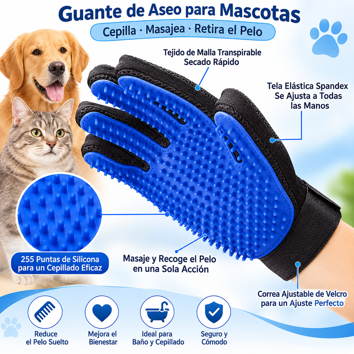 Essenza Pet — Guantes de Silicona para Cepillar y Bañar Mascotas | Eliminación de Pelo