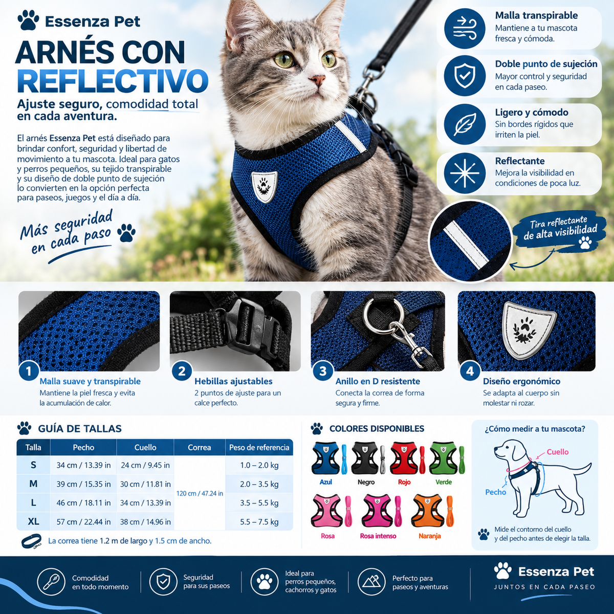 Essenza AirBreeze — Arnés Transpirable para Perros y Gatos | Ligero, Ajustable y Reflectante